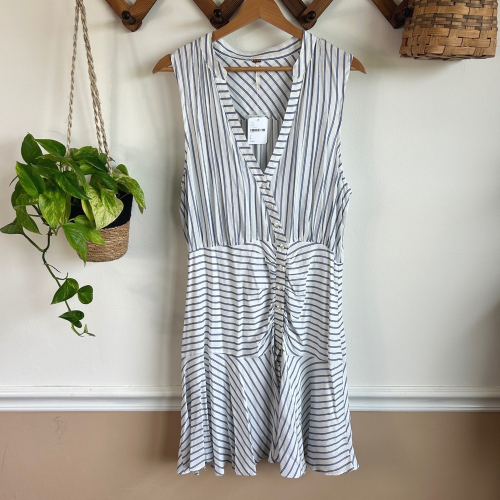 Free People Striped Sleeveless Ruched V-Neck Mini Dress Blue White L